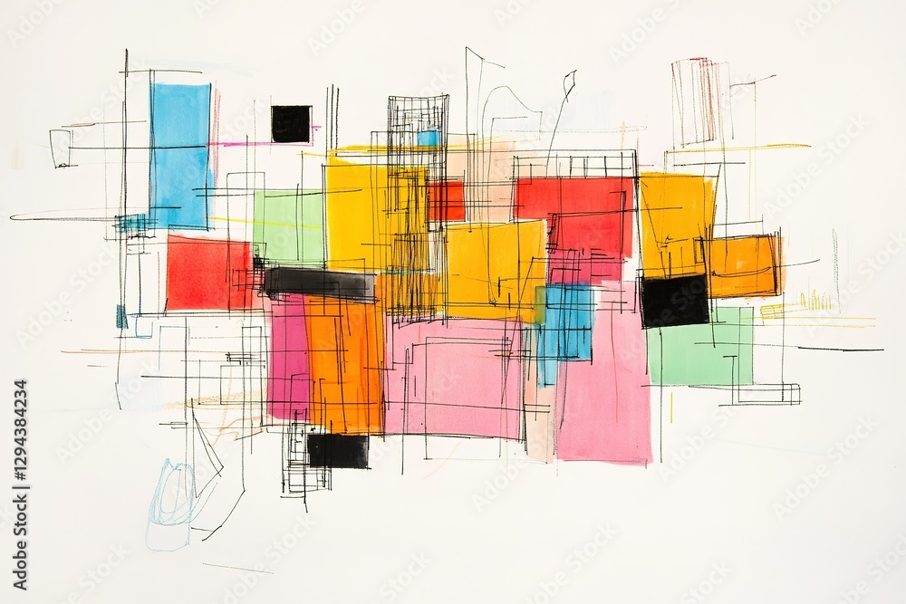 Poster abstract painting with geometric shapes in vibrant colors and linear structures