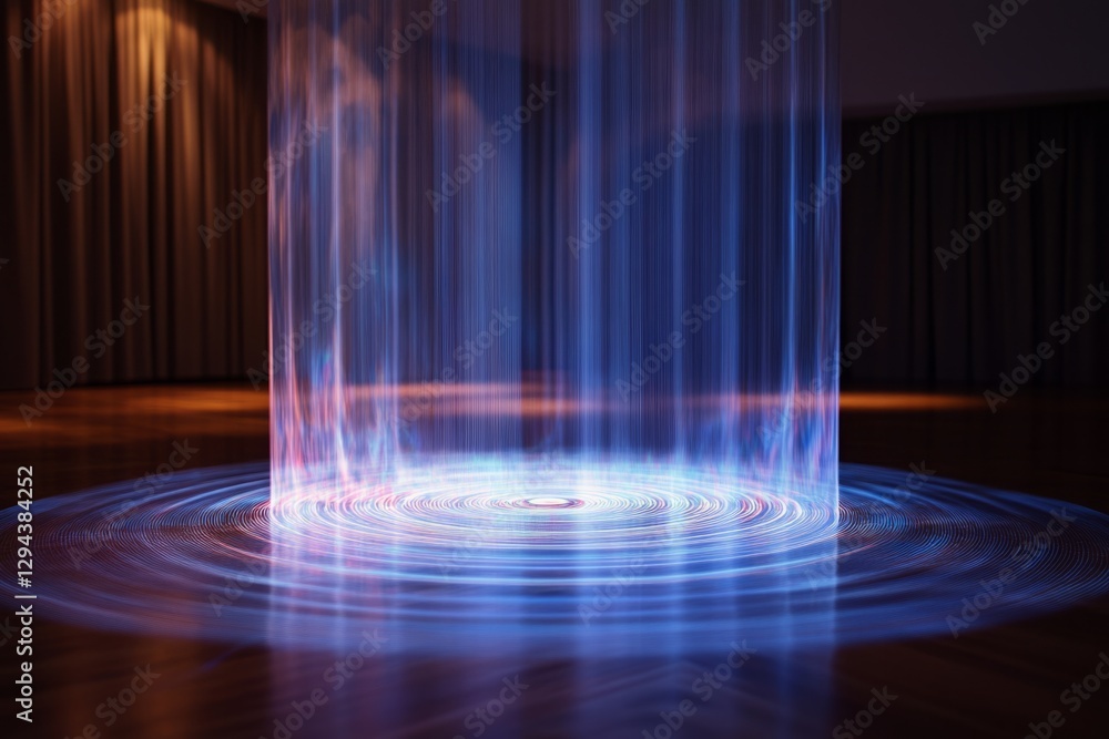 Poster glowing energy beam creating circular waves on the floor in a dark room with curtains