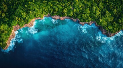 Aerial view of ocean meeting forested land with clear blue water and green trees in natural landscape