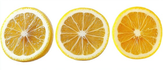 Obraz premium Vibrant Lemon Slices Displaying Juicy Texture and Zesty Freshness in a Clean White Background Studio Shot