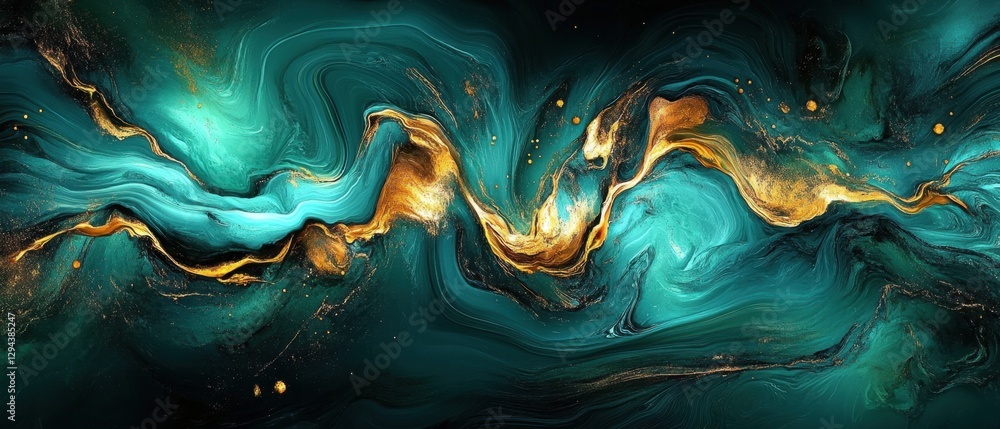 Poster elegant abstract art with flowing teal and gold patterns creating a luxurious and mesmerizing visual