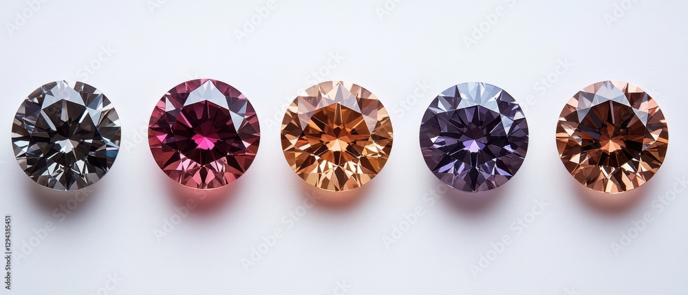 Poster sparkling gemstones arrayed in a row showcasing faceted cut and rich color palette on bright backgro