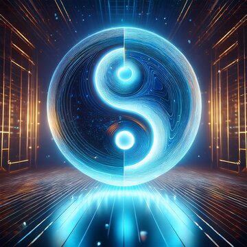 Un hologramme 3D du symbole Yin et Yang, projet&eacute; dans un environnement futuriste et minimaliste.
