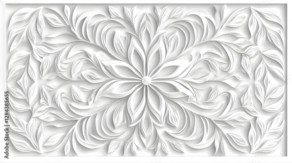 Poster intricate white floral design with layered leaves and petals creating a textured 3d effect on a ligh