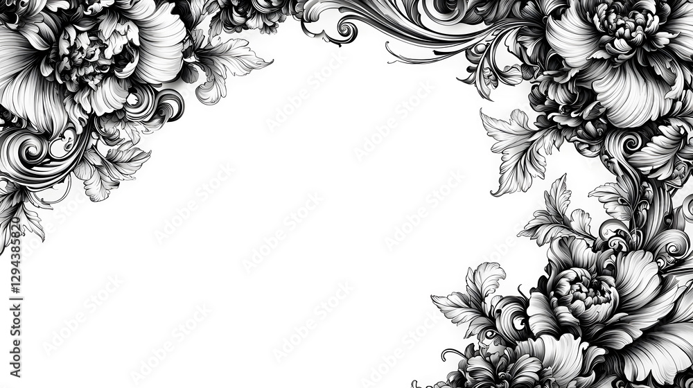 Poster elegant floral pattern in black and white with intricate designs and swirls on a blank background fo