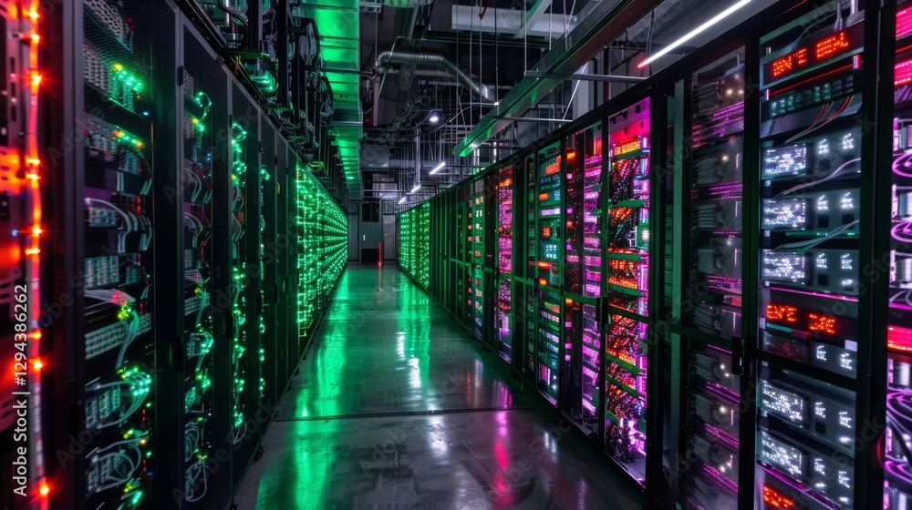 Poster Neon lights illuminate rows of server racks in a bustling data center. This high tech environment highlights the intricate systems powering digital information storage and management.