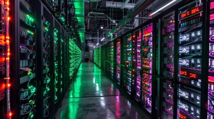 Neon lights illuminate rows of server racks in a bustling data center. This high tech environment highlights the intricate systems powering digital information storage and management.