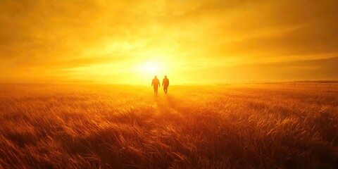 Fototapeta premium Two people standing in field at sunset