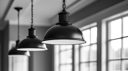 Obraz premium Modern black pendant lights in a kitchen, showcasing spacious windows