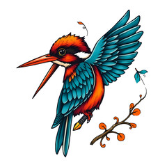 A vibrant traditional tattoo art print featuring a Kingfisher against a white background. The style is symbolic and ornamental, using warm terracotta and cool teal colors with earthy and cool contrast