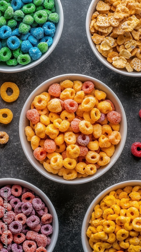 Poster overhead view of colorful cereal in white bowls against a dark background showcasing a vibrant break