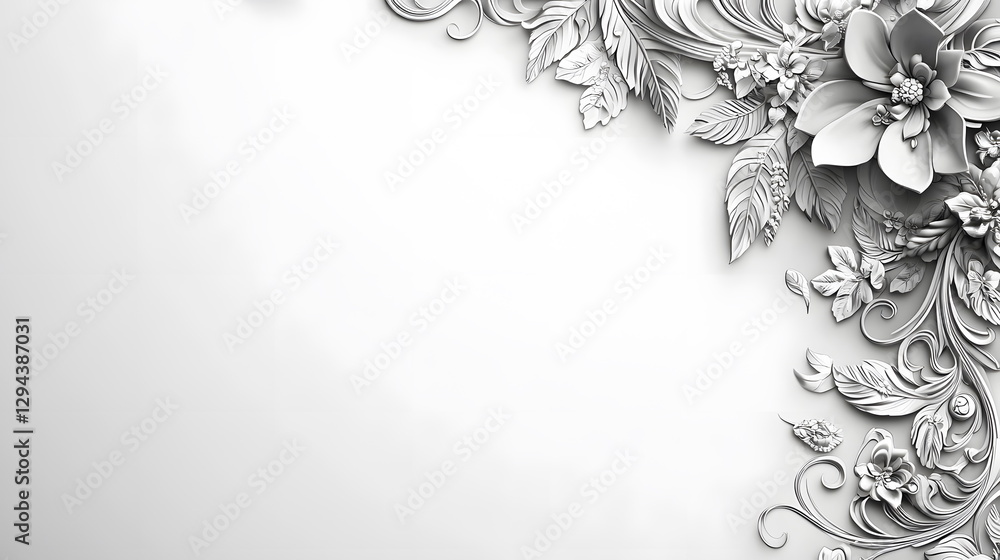 Poster floral design with intricate white flowers and leaves on a light gray background creating a delicate
