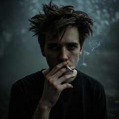 depressed man smoking with a sadden expression