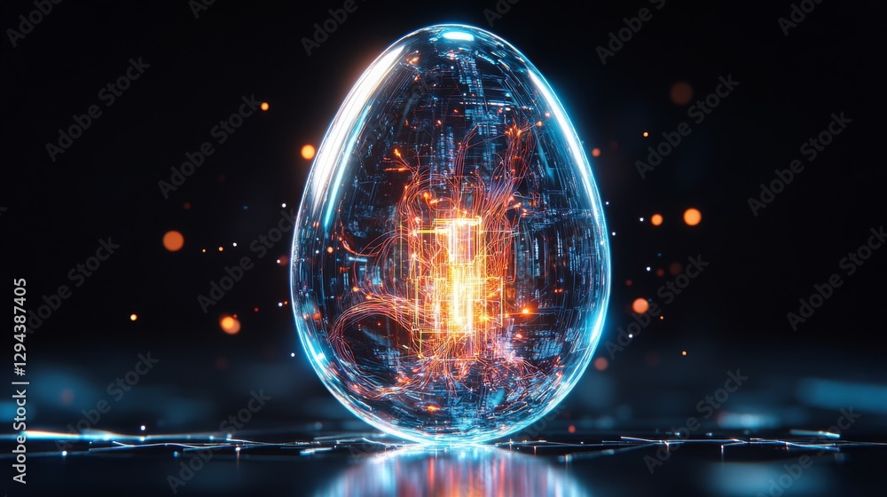 Poster creative visualization of a glowing digital egg displaying intricate circuitry details