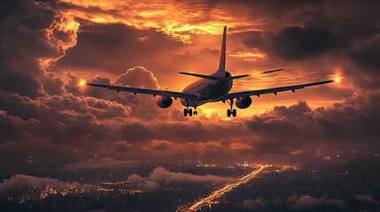 A commercial airliner cutting through a golden twilight sky, flying over a picturesque urban landscape.