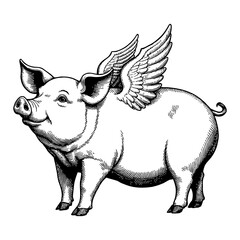Fototapeta premium Detailed Flying Pig with Wings Black and White Outline Line Art Drawing Engraving Style