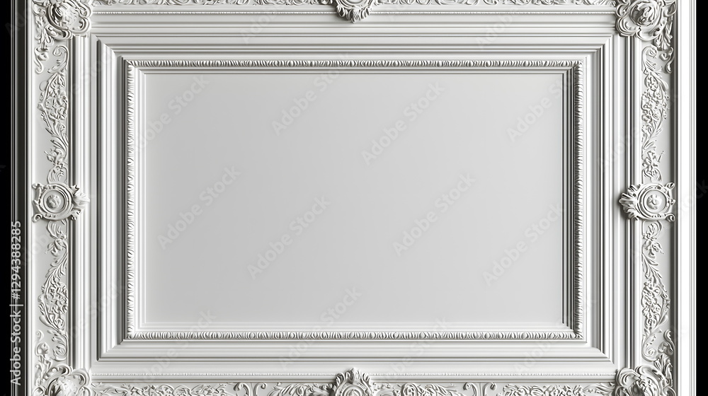 Poster elaborate white picture frame with ornate detailing and empty center suitable for artwork display in