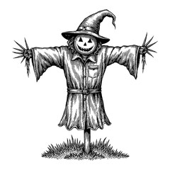 Obraz premium Scarecrow with Halloween Face Wearing Witch Hat Black and White Outline Line Art Drawing