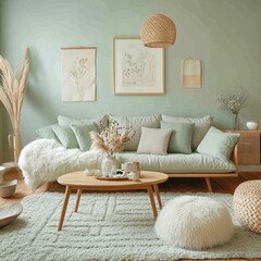 A cozy living room space filled with soft neutral colors