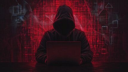 Mysterious Figure in Hooded Sweatshirt Working on Laptop Against Red Digital Background