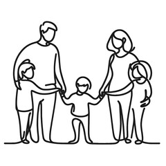 Continuous line drawing of a family.  Parents and two children holding hands in a circle.  Simple, minimalist illustration of a family unit.