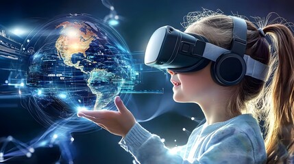 Young woman wearing virtual reality headset completely immersed in a futuristic digital world filled with glowing holographic maps data streams and global connectivity