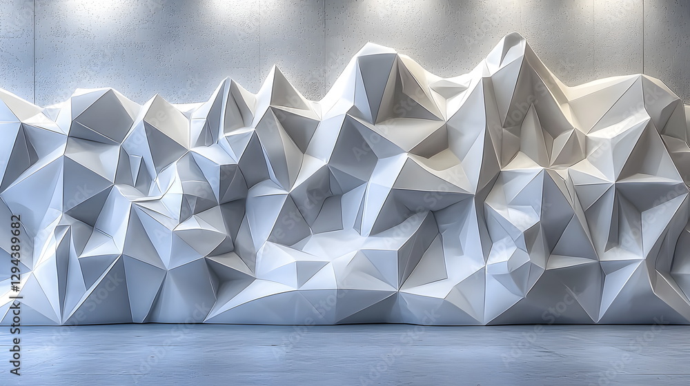 Poster geometric white wall sculpture with sharp edges indoors emphasizing modern design and architecture.