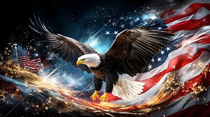 Fototapeta premium A majestic bald eagle soaring heroically over a prestigious presidential setting with intricate details of classical architecture patriotic flags