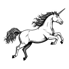 Detailed Jumping Unicorn With Engraving Style Black and White Outline Line Art Drawing