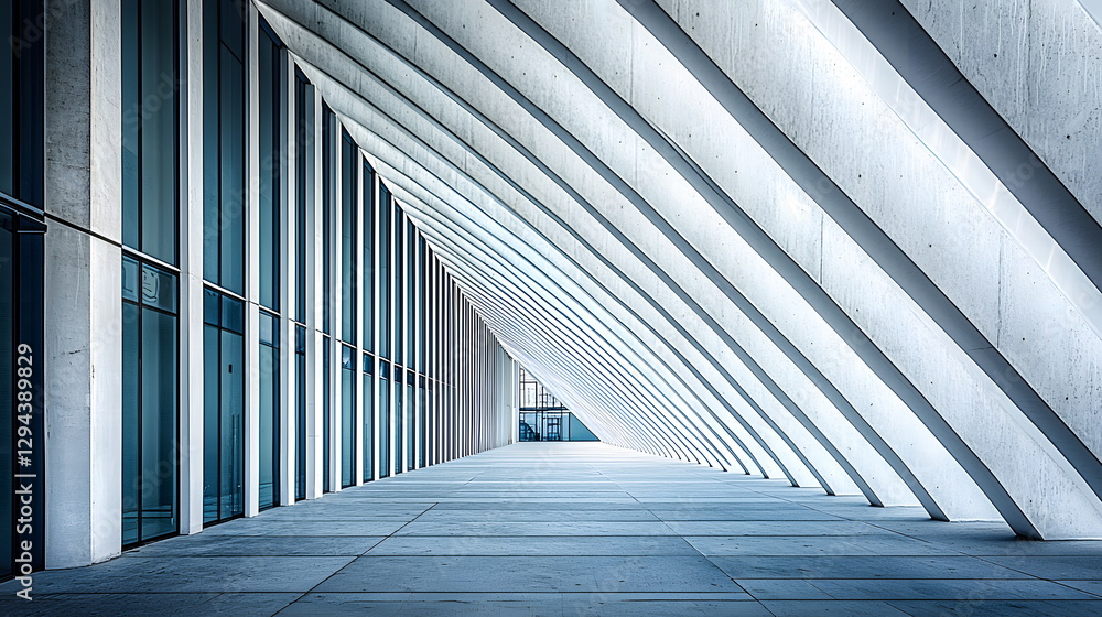 Aufkleber geometric architecture with angled columns and large glass panels in a modern urban setting filled w