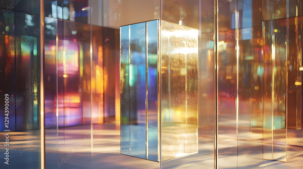 Poster reflective glass panels with colorful light reflections creating vibrant patterns in an artistic ind