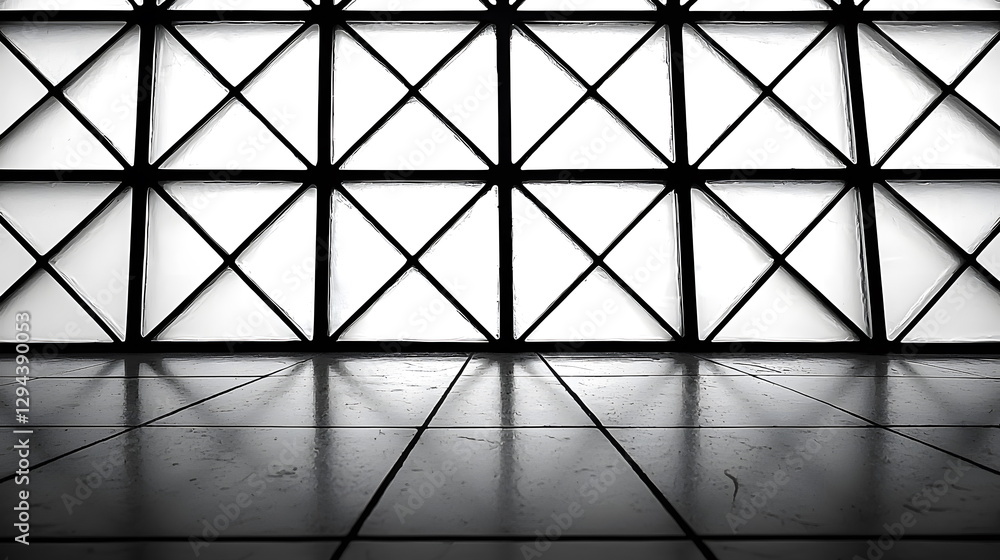 Poster geometric glass window design with triangular shapes casting shadows on the floor indoors bright lig