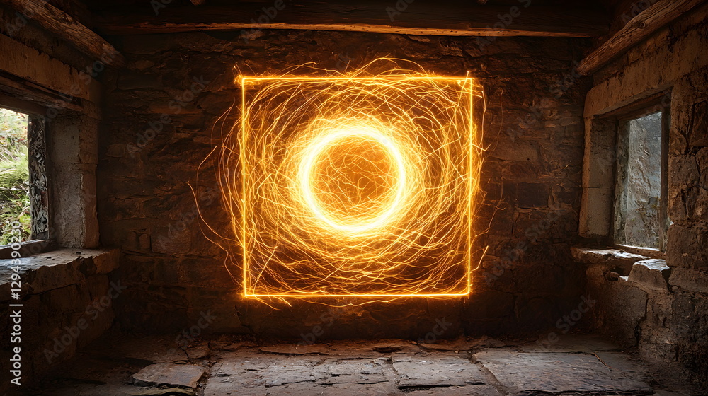 Poster glowing orange circle inside a rustic stone building with large windows and dark ambiance creating a