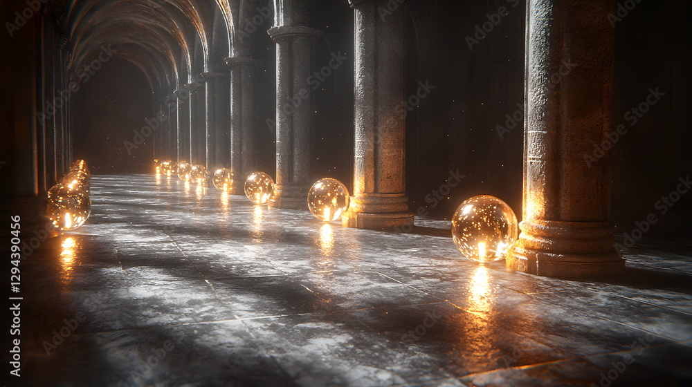 Poster glowing spheres illuminating an ancient stone corridor with arches and soft light illuminating the p