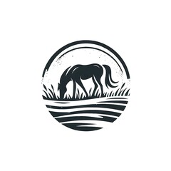 Fototapeta premium Silhouetted horse grazing near water, vintage style design.