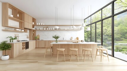 Beautifully designed contemporary open concept kitchen and dining area featuring high end wooden and marble furniture bright white walls reflecting soft natural daylight