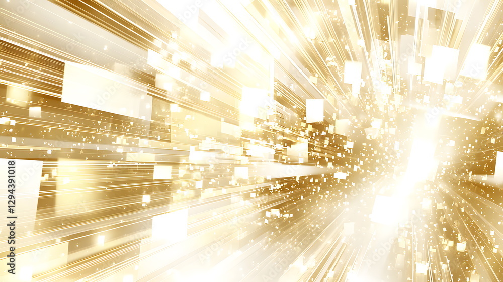 Poster golden light streaks radiating outward with abstract squares and sparkling effects in a vibrant, dyn