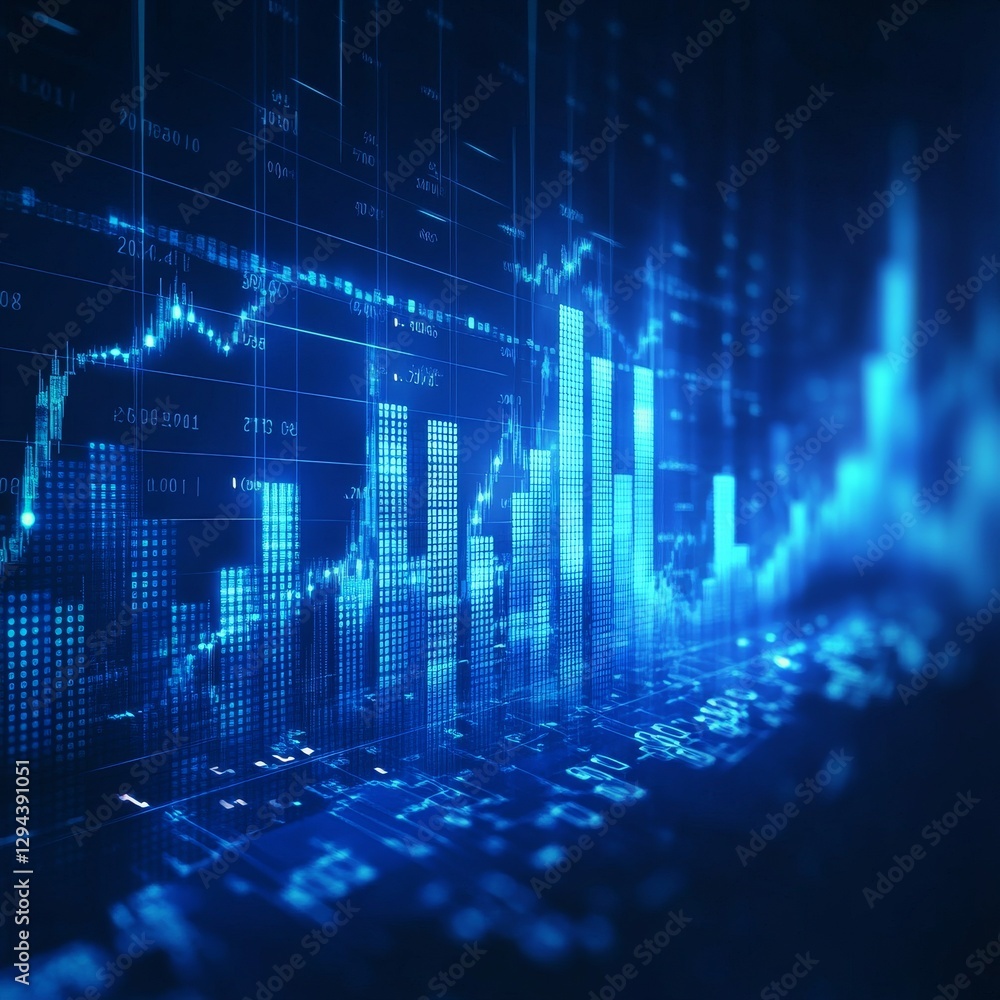 Poster abstract blue stock market data visualization with graph and grid lines, futuristic financial techno
