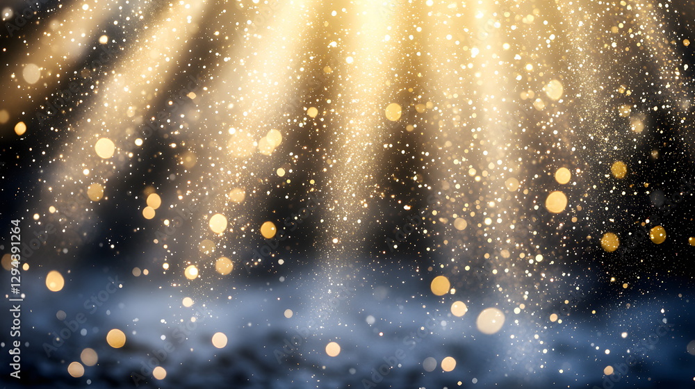 Poster golden light beams shining through glittering particles creating an ethereal atmosphere in a dark se