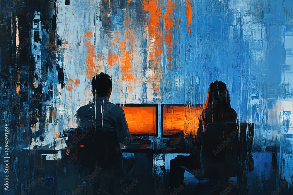 Poster abstract: two individuals working at computers with a textured background