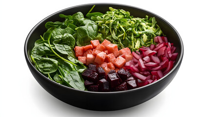 A black bowl filled with a variety of vegetables including radishes, cucumbers