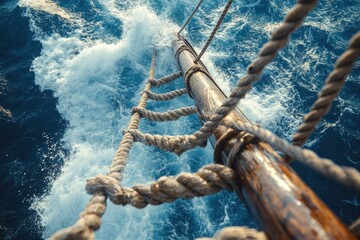 Fototapeta premium Sailing high above the turbulent waves on a wooden mast with rugged ropes during a sunny day at sea