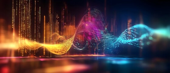 Captivating abstract digital design featuring a seamless blend of intricate binary code patterns holographic elements and futuristic AI driven sound waves