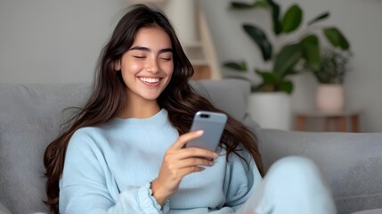 Fototapeta premium Cheerful Hispanic Woman Relaxing on Couch at Home Scrolling through Smartphone and Enjoying Online Shopping and Social Media Connections Reflecting the Ease and Joy of Modern Digital Lifestyles