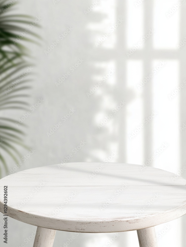 Aufkleber round whitewashed table against a light, bright background with soft shadows and partial flora