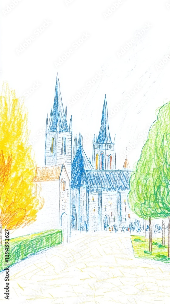 Poster pointillist drawing of a gothic church with yellow and green trees and a path through a landscape of