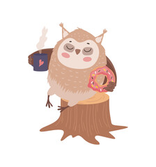 Owl with Donut and Coffee