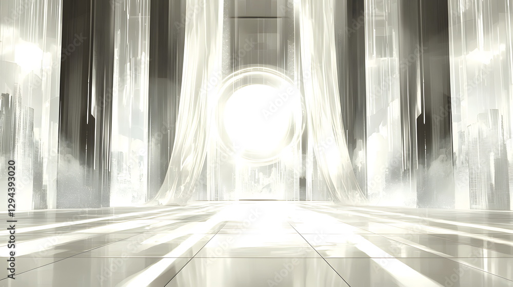 Poster illuminated hallway with flowing curtains and bright light creating an ethereal atmosphere indoors.