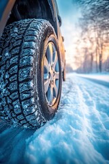 Naklejka premium Car tire on snowy road at winter sunset with sunlit trees and blue snow creating a serene winter driving scene