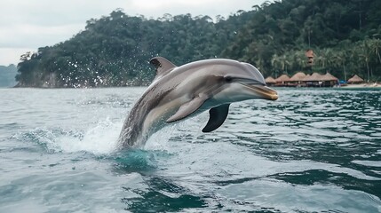 Dolphin leaping above water tropical beach wildlife photography natural habitat vibrant sea joyful experience